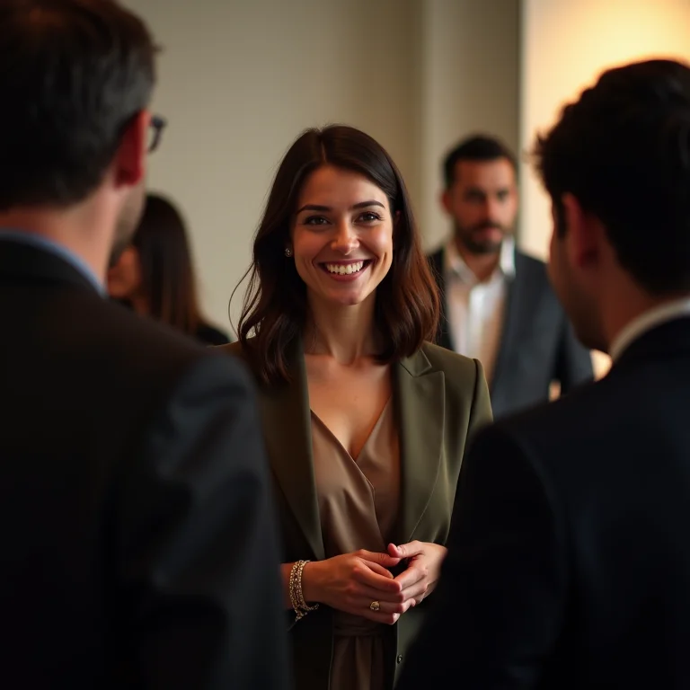 Mulher plus size abordando um grupo de pessoas em um evento