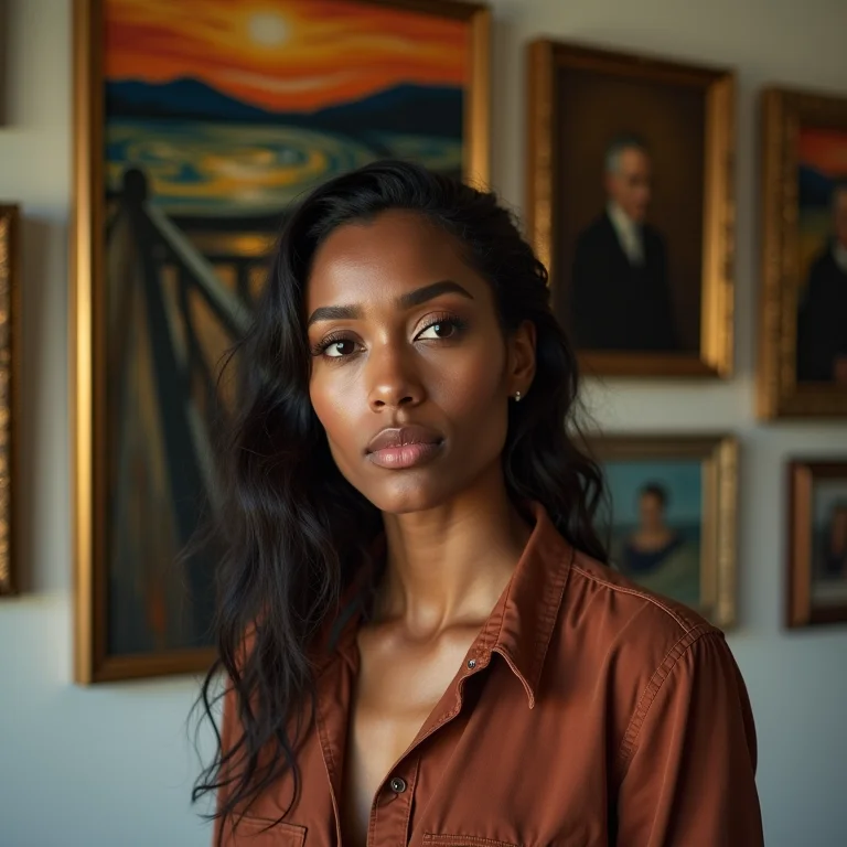 Mulher plus size admirando obras de Edvard Munch que influenciaram a arte moderna.