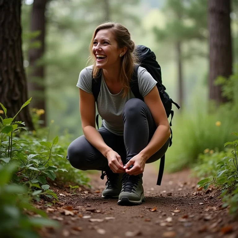 Mulher plus size amarrando bota de trilha perto da Vista Chinesa.