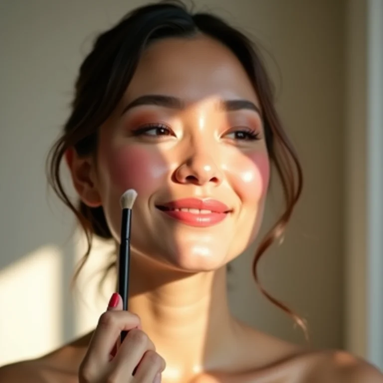 Mulher plus size aplicando blush nas bochechas com um pincel.