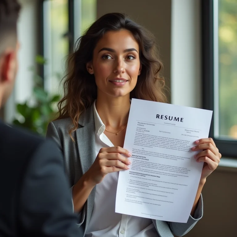 Mulher plus size apresentando currículo em entrevista de emprego.