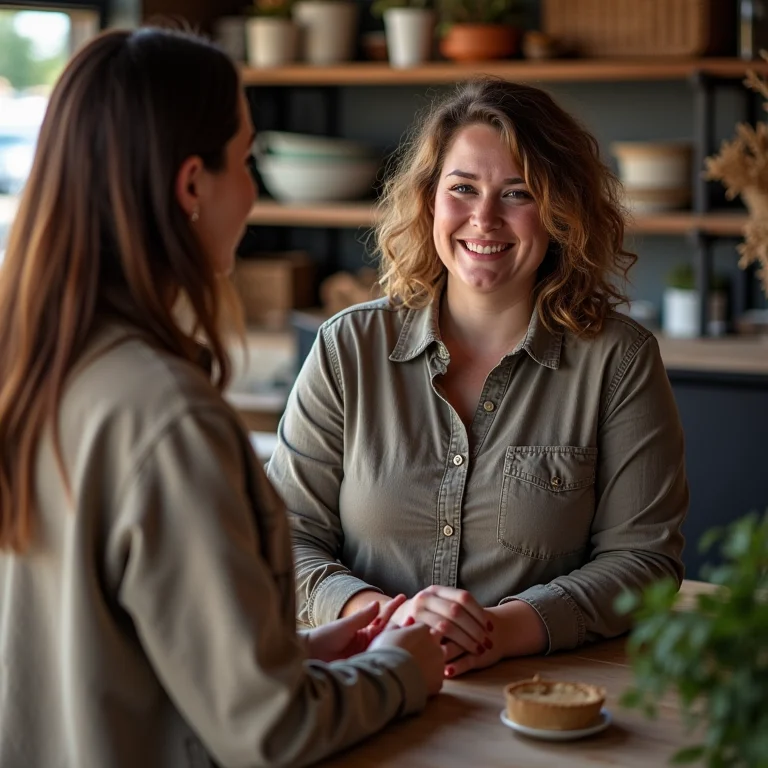 Mulher plus size atendendo uma cliente com um sorriso.