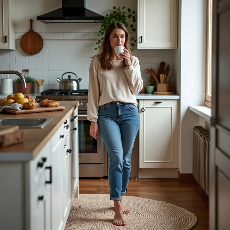 Mulher plus size bebendo café em cozinha com tapete geométrico