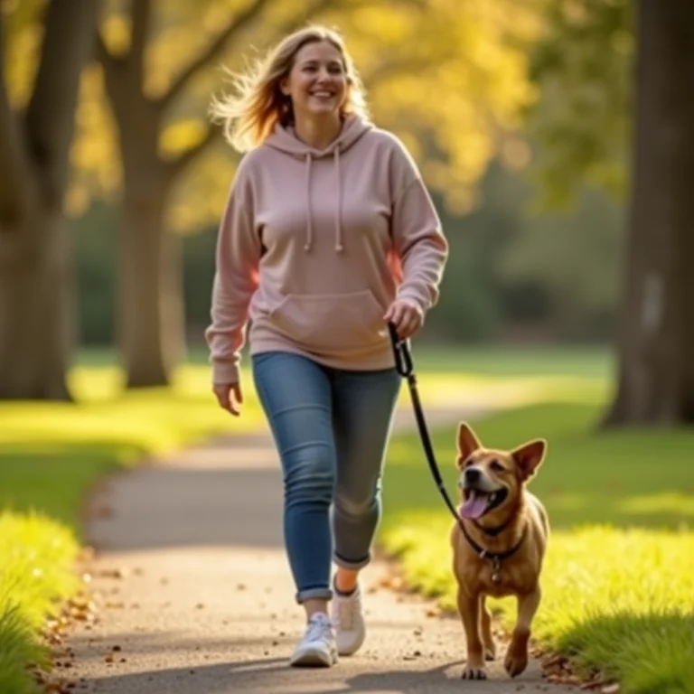 Mulher plus size caminhando com cachorro no parque.