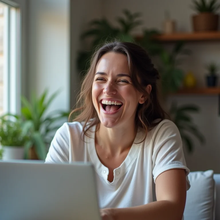 Mulher plus size celebrando o sucesso do seu PDI em uma video chamada