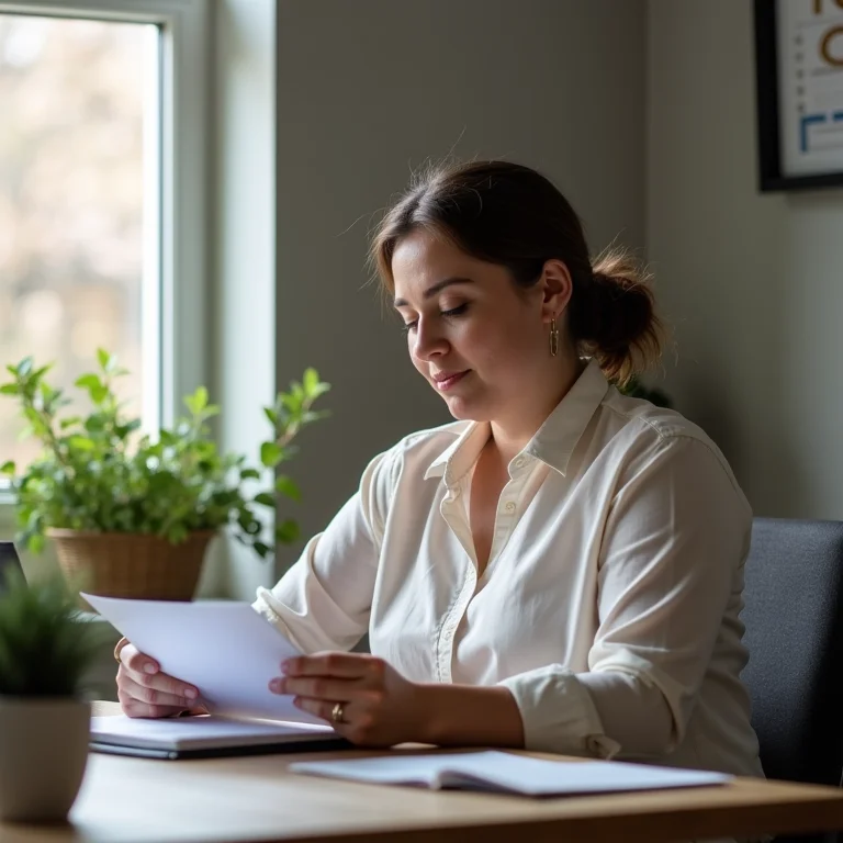 Mulher plus size checando agenda, representando monitoramento do progresso.