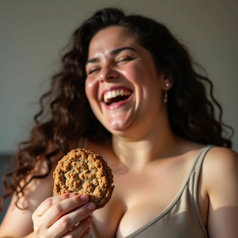 Mulher plus size comendo cookie de aveia.