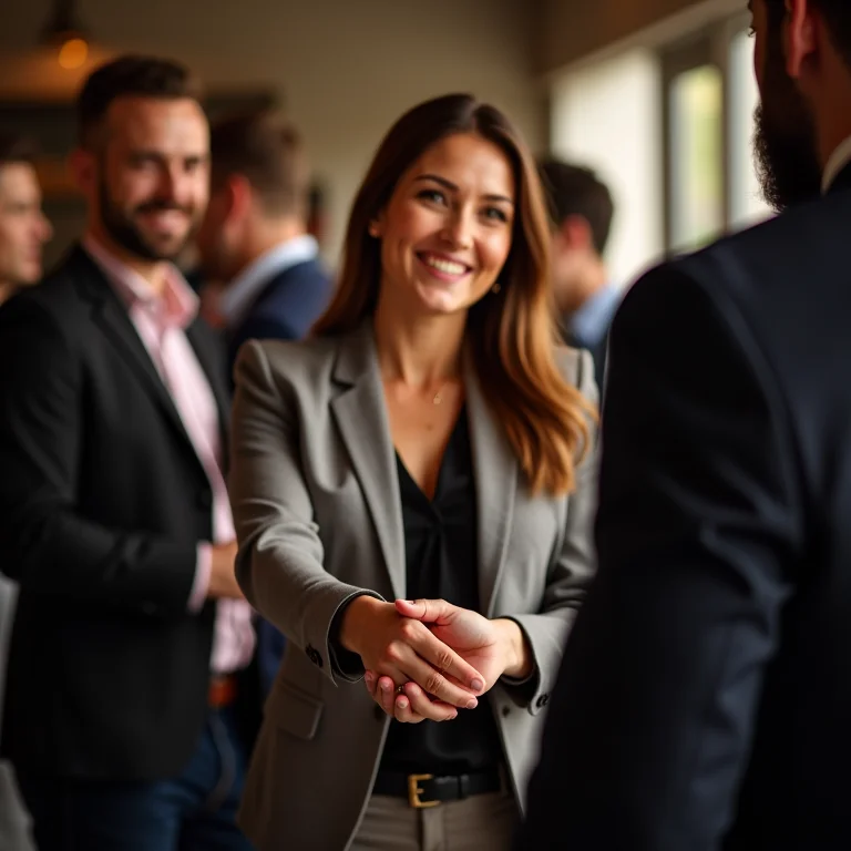 Mulher plus size confiante apertando a mão de um contato em evento de networking.