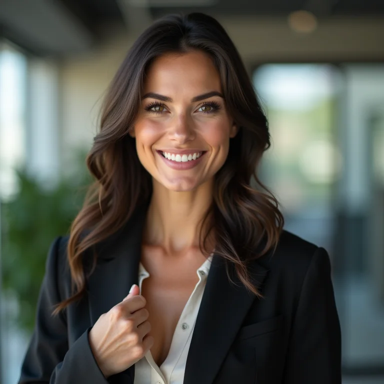 Mulher plus size confiante em ambiente de trabalho.