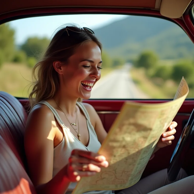 Mulher plus size consultando mapa em carro antigo na Toscana