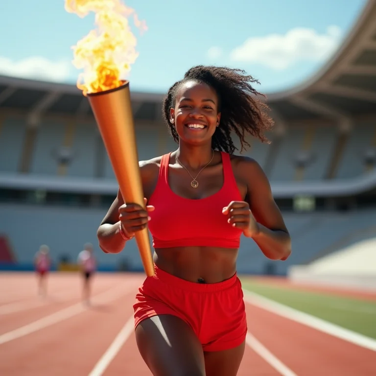 Mulher plus size correndo com a tocha olímpica