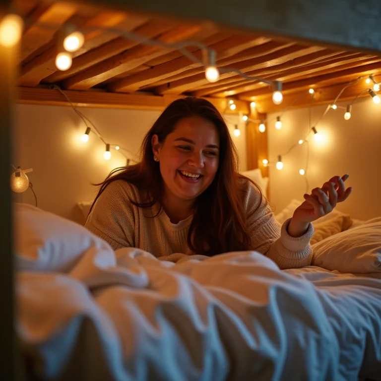 Mulher plus size decorando um beliche com luzes.