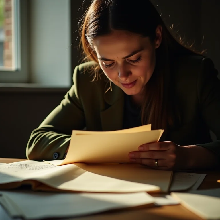 Mulher plus size examinando documentos antigos