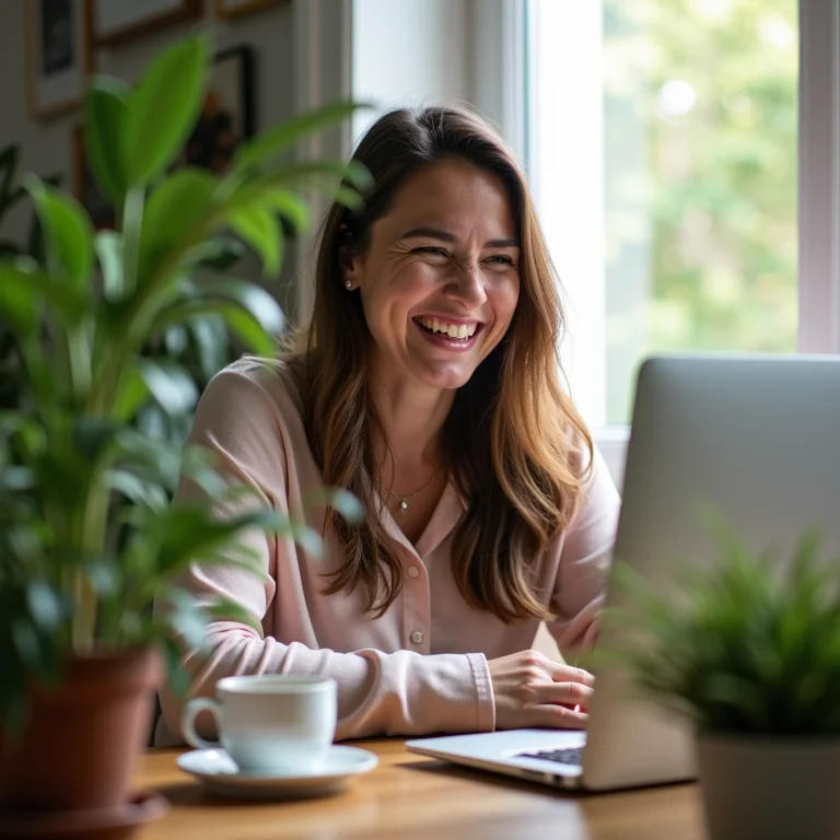 Mulher plus size feliz assistindo tutorial de marketing de Neil Patel.