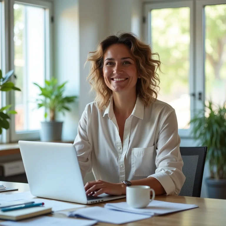 Mulher plus size gerenciando finanças e pró-labore em um laptop para comprovar renda como MEI