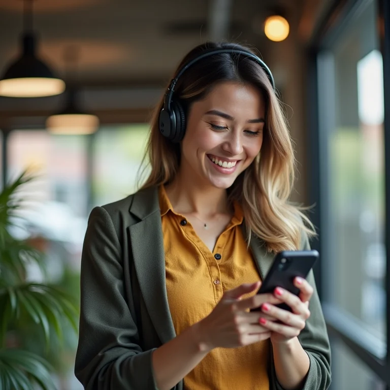 Mulher plus size gerenciando tempo de música no trabalho