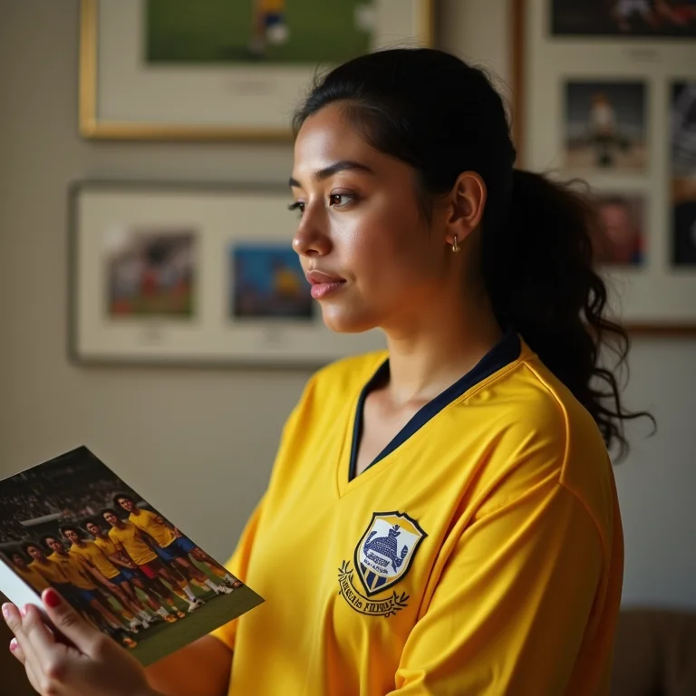 Mulher plus size olhando fotos antigas da Copa de 70