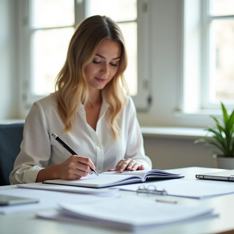 Mulher plus size organizando anotações antes de uma reunião.