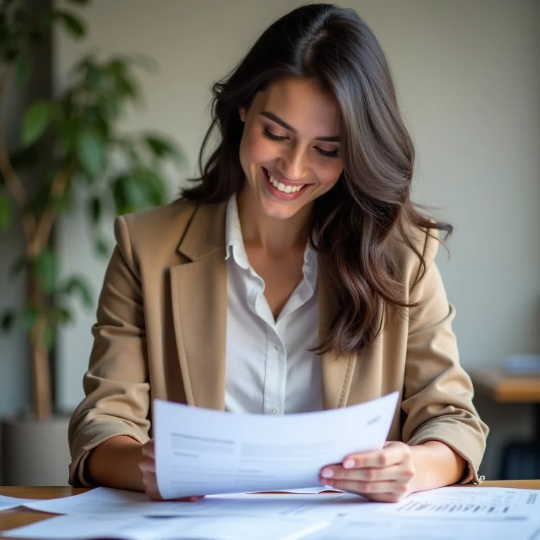 Mulher plus size organizando documentos financeiros com confiança, representando o diagnóstico da situação do MEI