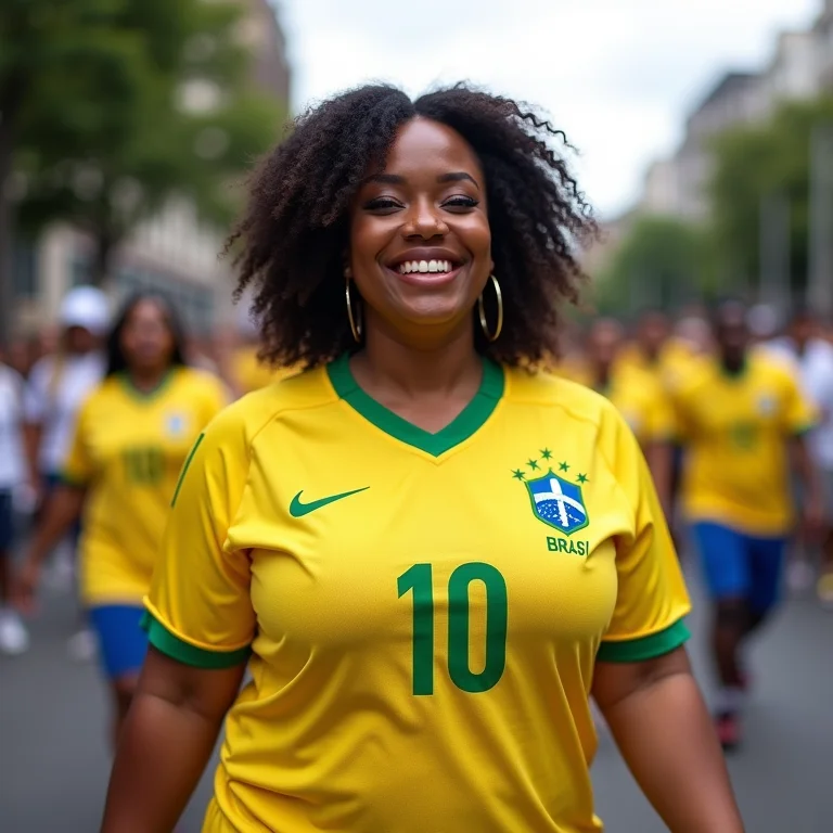 Mulher plus size participando de uma celebração cultural do futebol no Brasil
