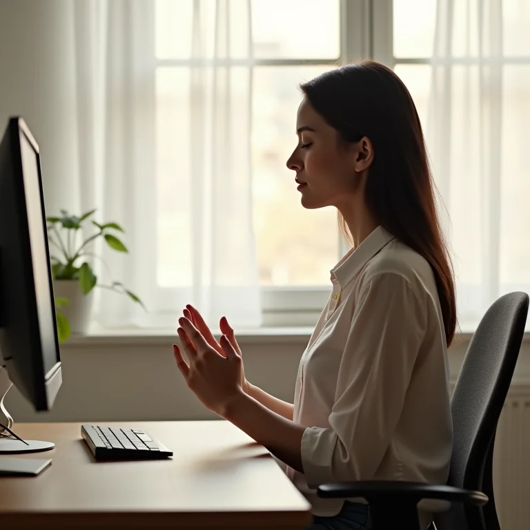Mulher plus size praticando exercício de mindfulness no trabalho