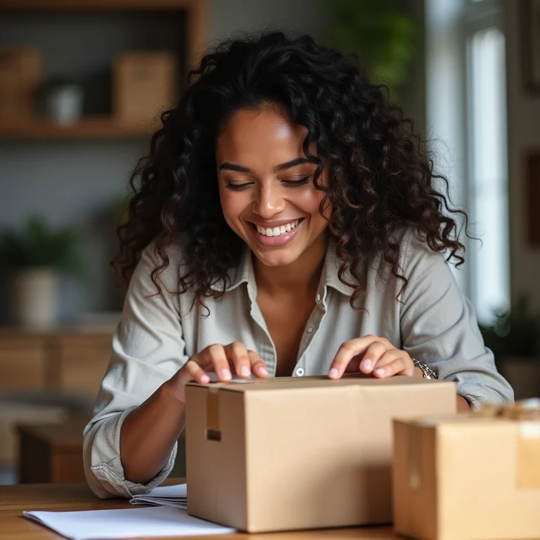 Mulher plus size preparando embalagem para envio de roupa vendida online.