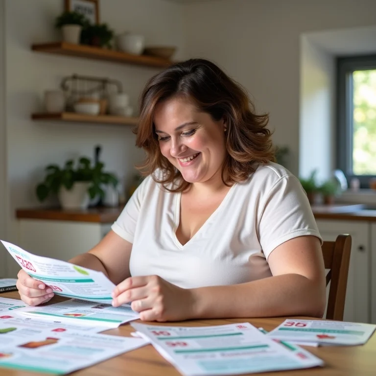 Mulher plus size recortando cupons de desconto