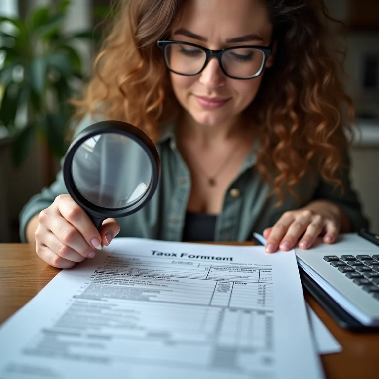 Mulher plus size revisando a declaração do Imposto de Renda com uma lupa