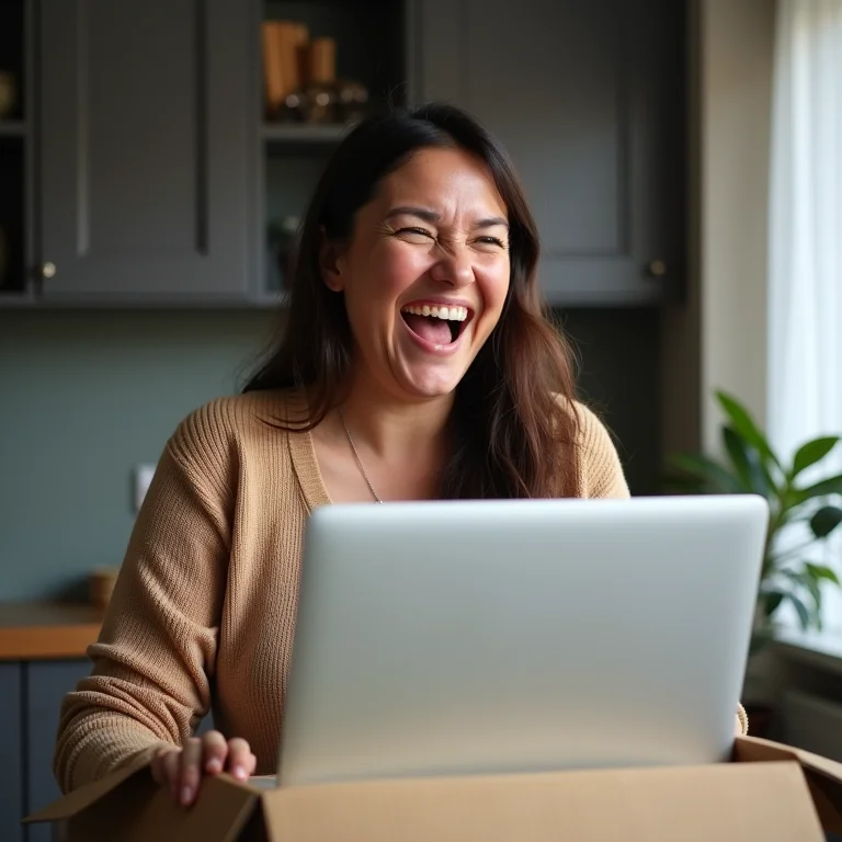 Mulher plus size rindo ao abrir um notebook usado comprado no Enjoei.