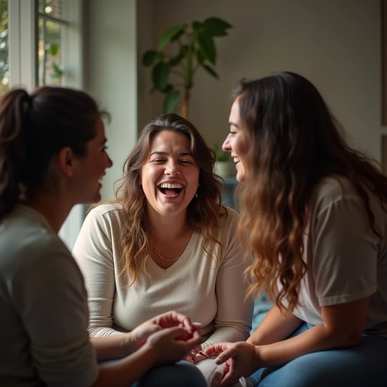 Mulher plus size rindo com amigos durante chamada de vídeo