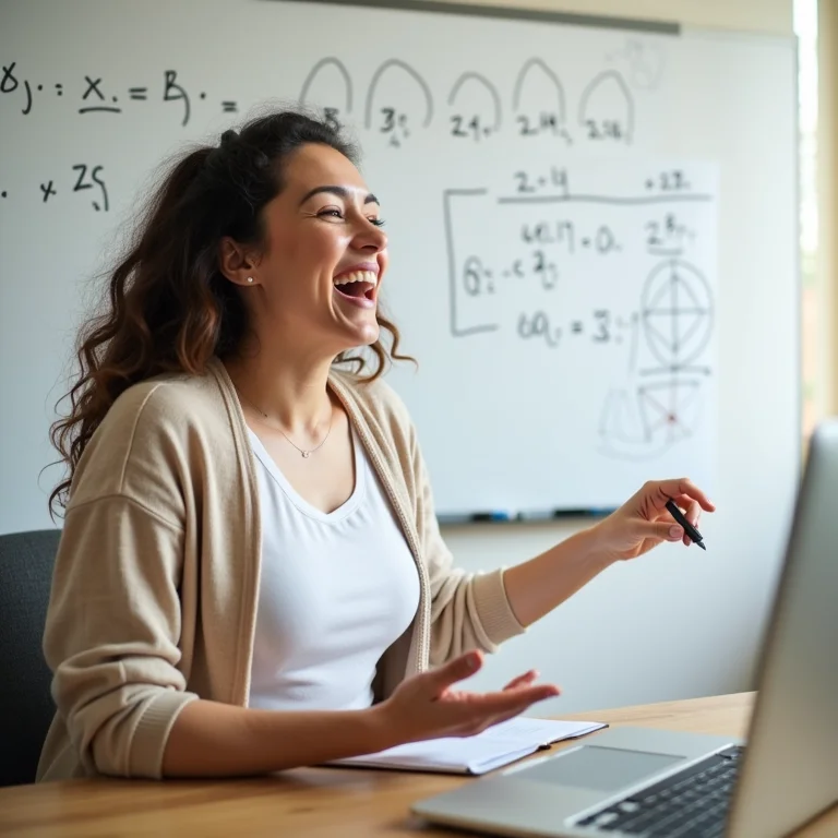 Mulher plus size rindo enquanto resolve um problema de matemática