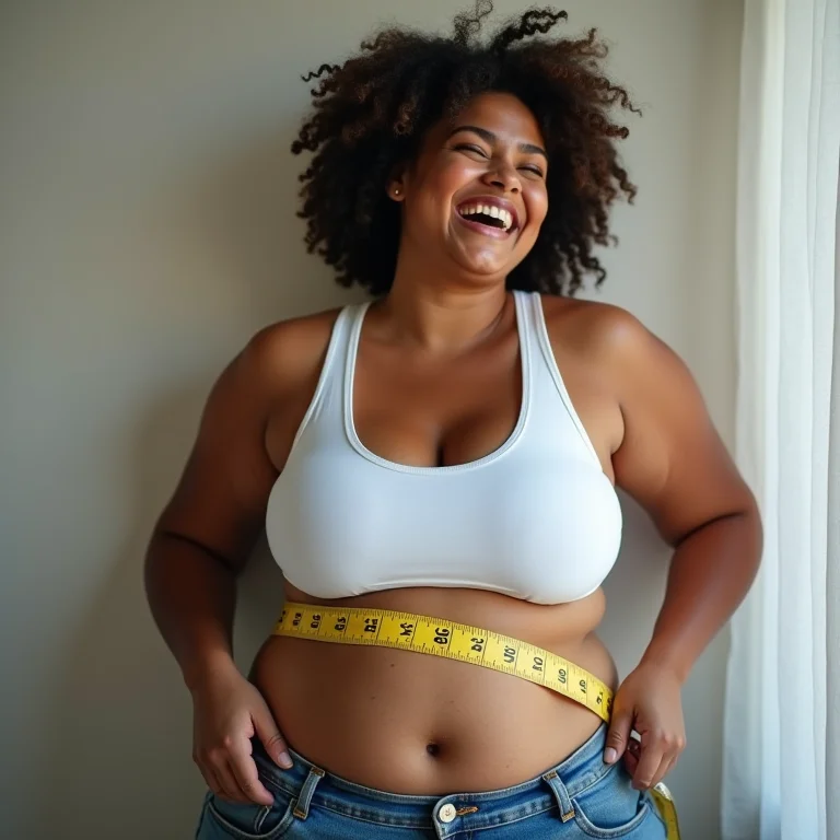 Mulher plus size rindo enquanto segura uma fita métrica