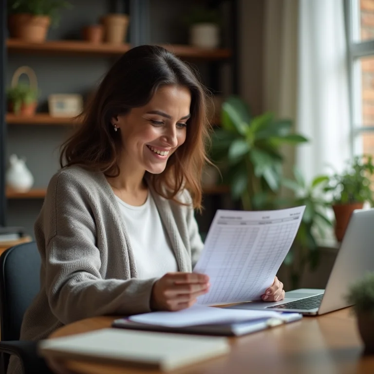 Mulher plus size satisfeita revisando sua planilha de horas no laptop.