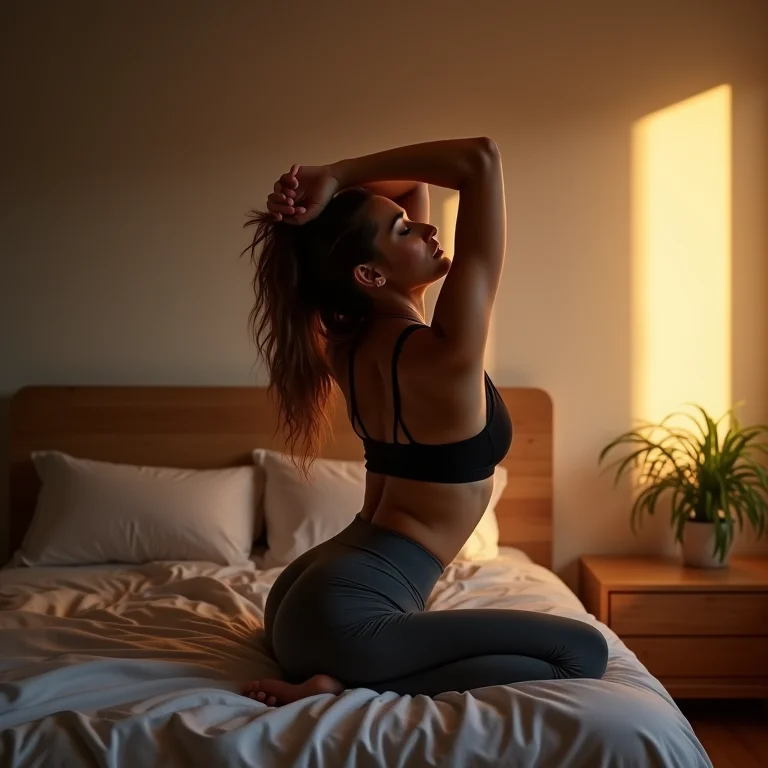 Mulher plus size se alongando antes de dormir após treino noturno