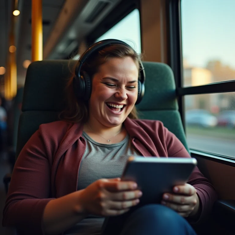 Mulher plus size se divertindo com entretenimento em viagem de ônibus
