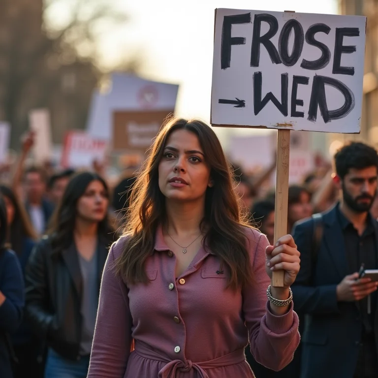 Mulher plus size segurando cartaz de protesto em um comício