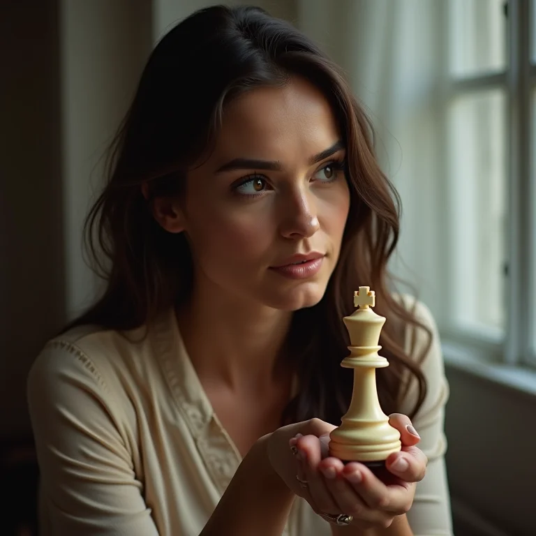 Mulher plus size segurando uma peça de xadrez