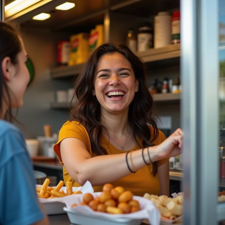 Mulher plus size sorrindo ao pedir comida em food truck
