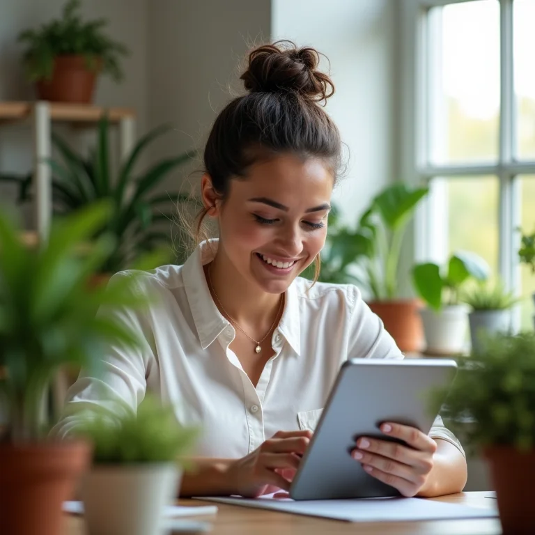 Mulher plus size sorrindo ao usar aplicativo de banco digital em casa.