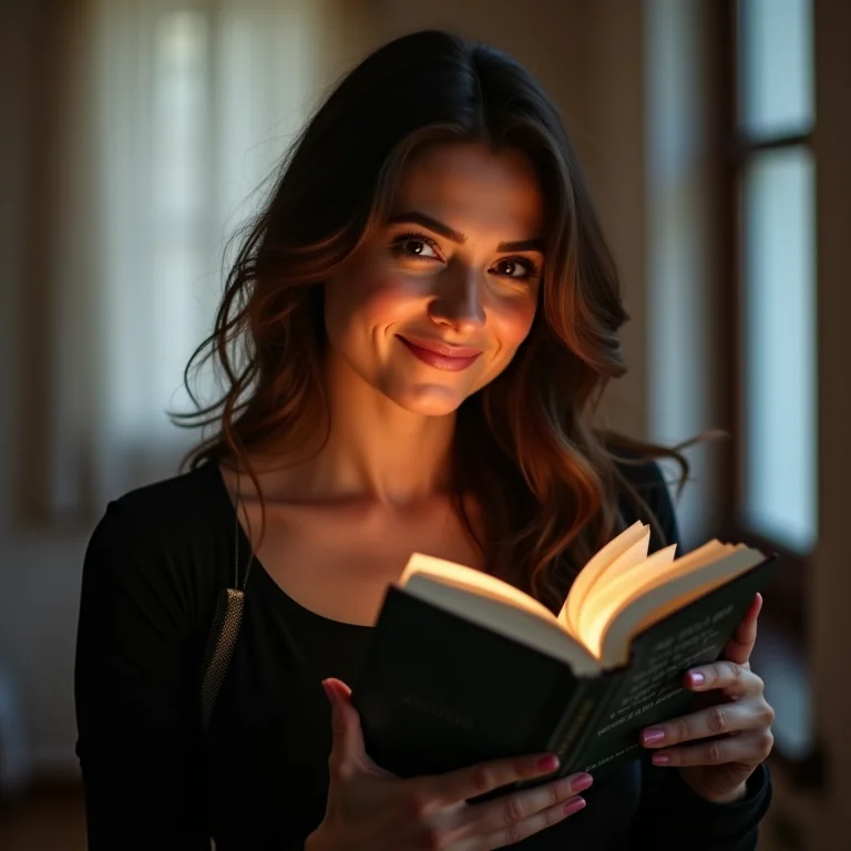 Mulher plus size sorrindo com livro de suspense na mão