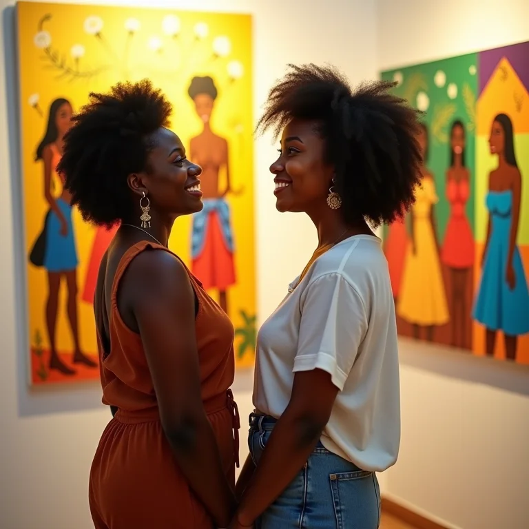 Mulher plus size sorrindo em frente a obras coloridas na Bienal Naïfs do Brasil