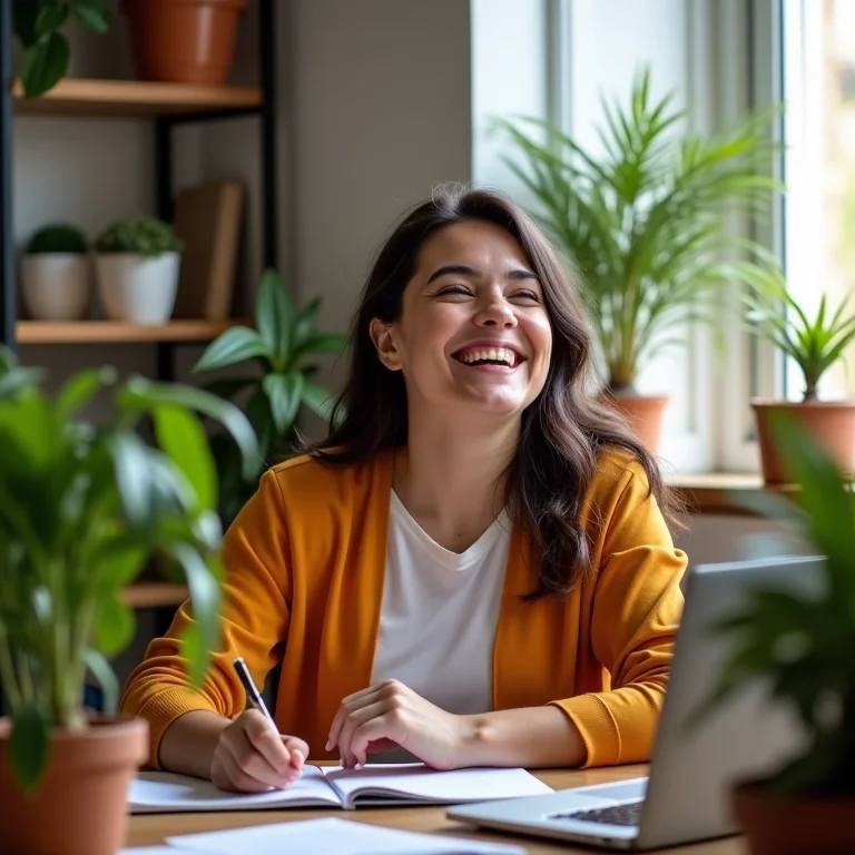 Mulher plus size sorrindo em home office personalizado