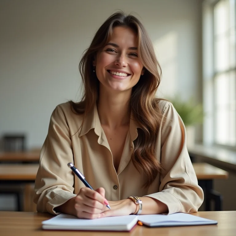 Mulher plus size sorrindo enquanto anota.