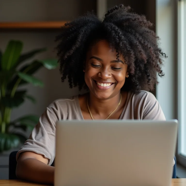 Mulher plus size sorrindo enquanto cria uma bio no Pinterest.