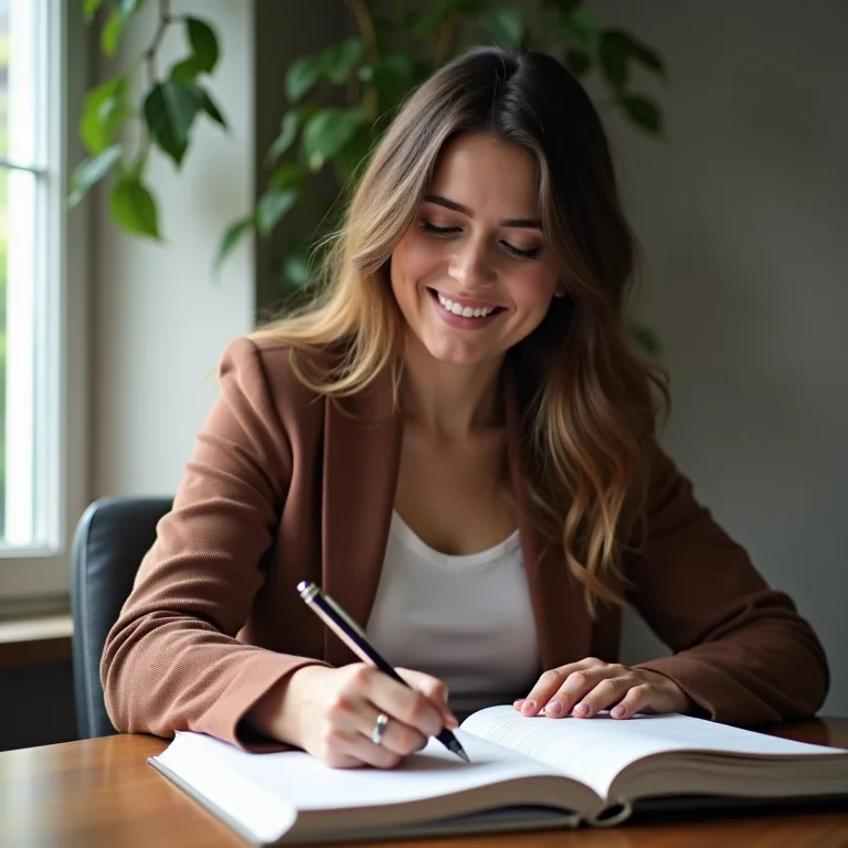 Mulher plus size sorrindo enquanto escreve em um planejador financeiro.