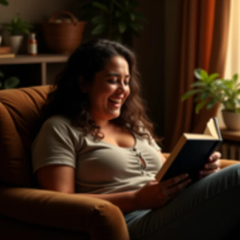 Mulher plus size sorrindo enquanto lê um livro em uma poltrona confortável.