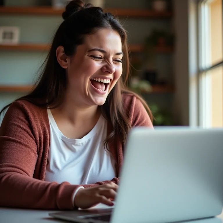 Mulher plus size sorrindo enquanto usa uma ferramenta online para criar seu currículo.