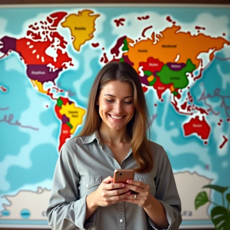 Mulher plus size sorrindo olhando o celular em frente a um mapa mundi