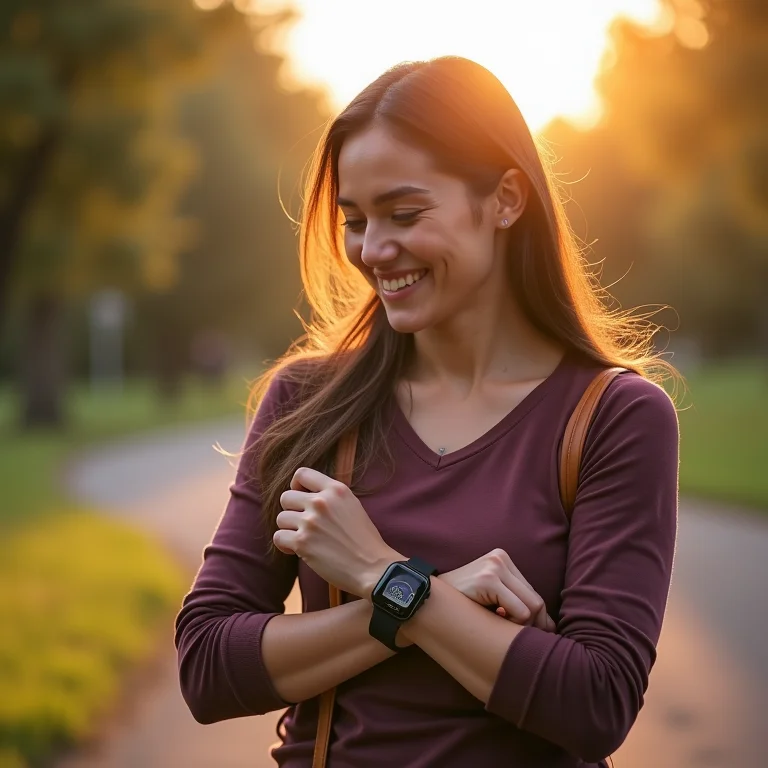 Mulher plus size usando app Fabulous no smartwatch durante caminhada