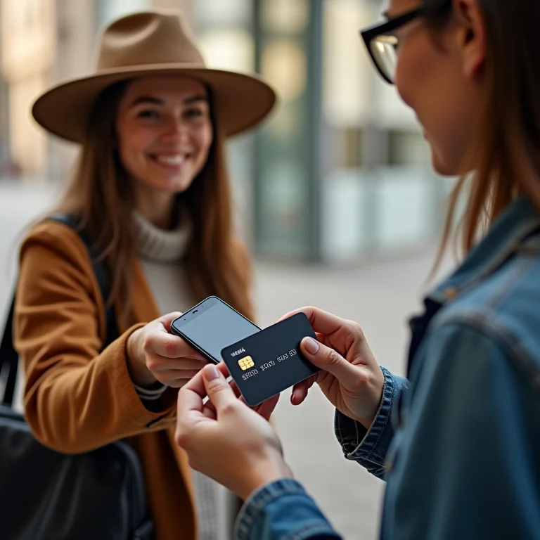 Mulher plus size usando cartão de crédito para pagar compra durante viagem.